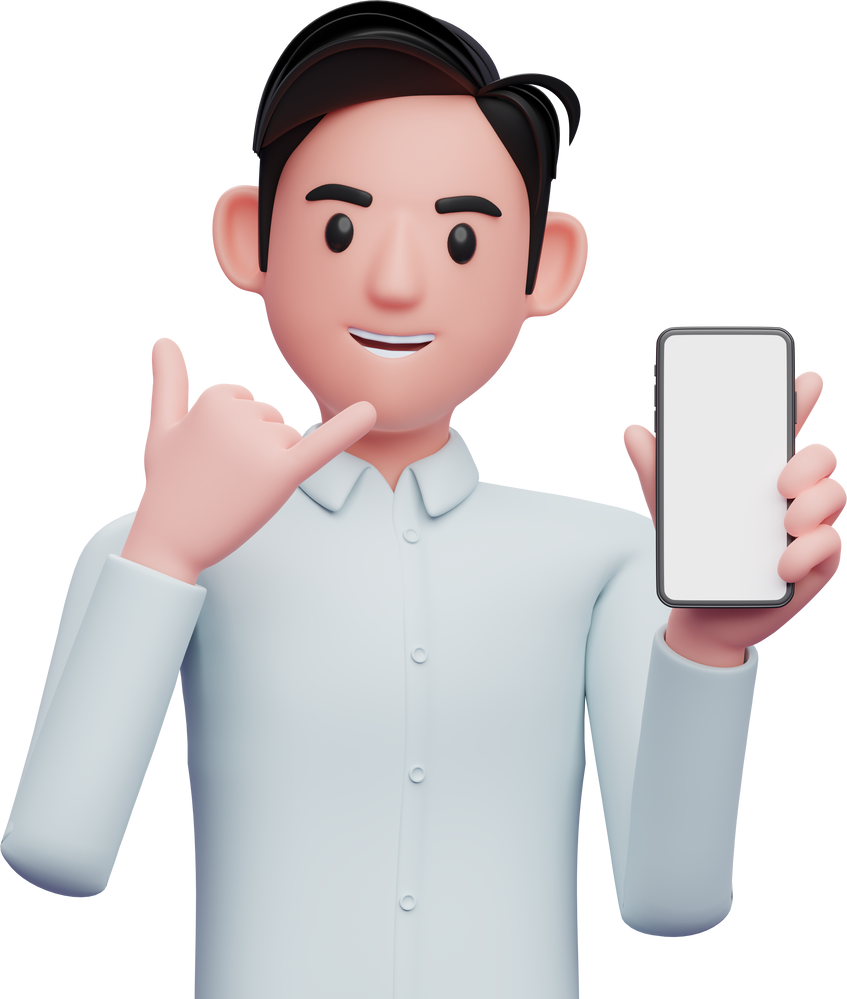 businessman holding a cell phone with the gesture call me sign finger, 3d illustration of businessman holding phone